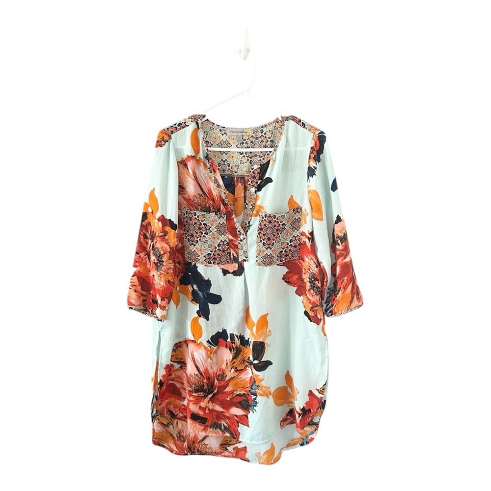 Anthropologie Fig & Flower Floral Multicolor 3/4 Sleeve Tunic Top Size Medium